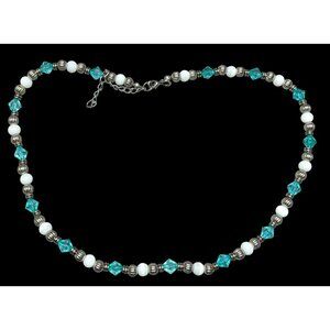 Turquoise & White Beaded Necklace With Silver Tone Accents & Adjustable Chain